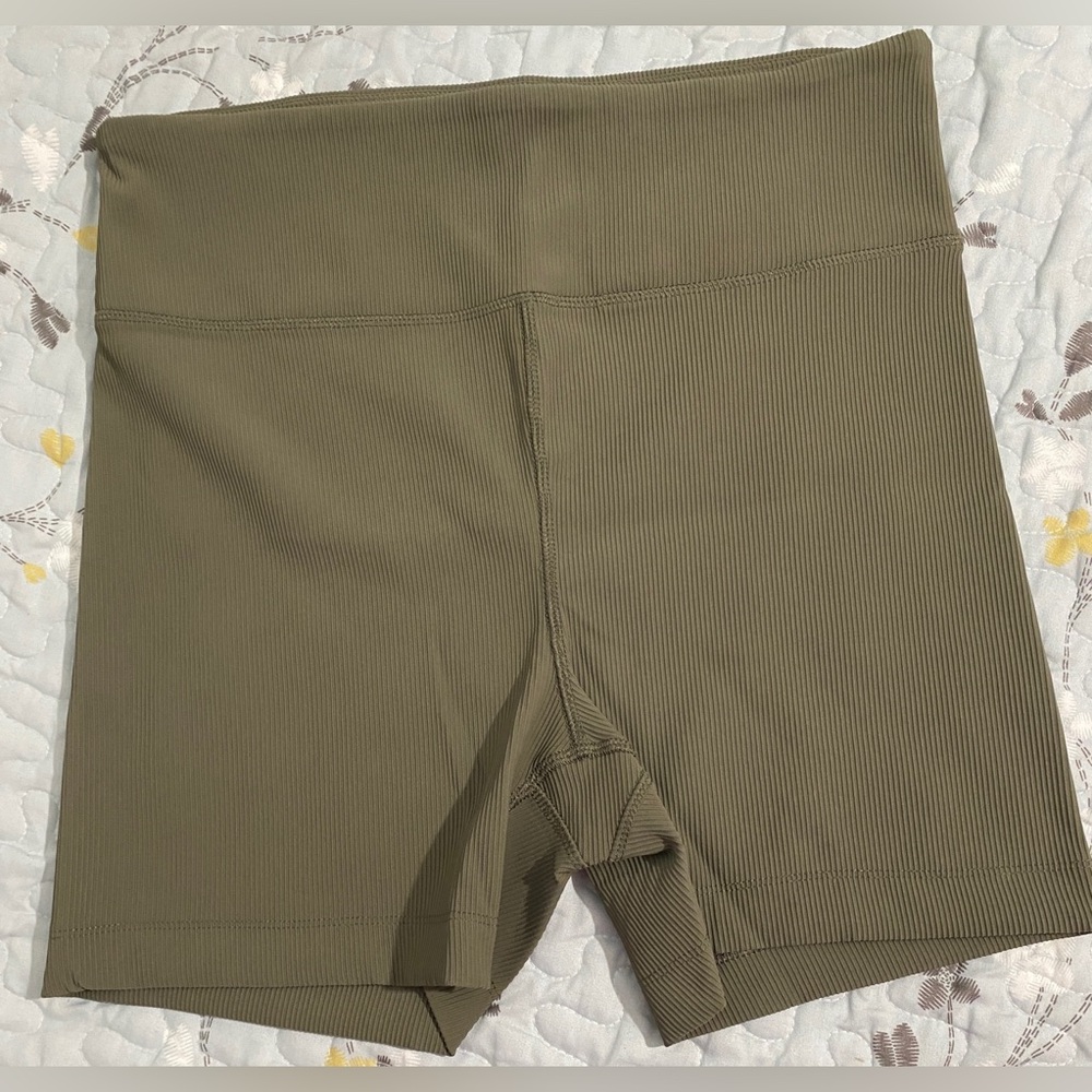 Rae Mode High-Waist Ribbed Women’s Bike Shorts with Tummy Control, Smoky Olive